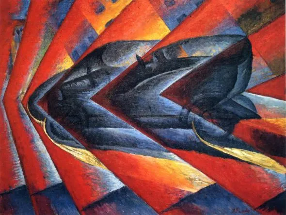 루이지 루솔로 ⟨Dynamism of an Automobile⟩ · 106×140cm · Oil on canvas · 1913 · 퐁피두센터, 파리 — 도판: Wikimedia Commons (퍼블릭 도메인) · 강민석 Minseok Kang