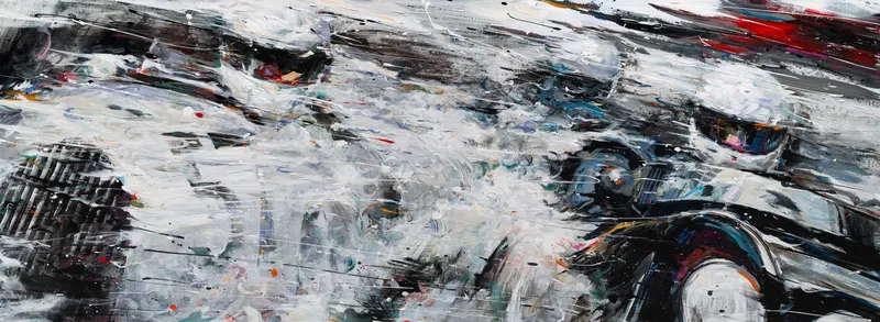 강민석 Minseok Kang, Across the Wind IV (2019) — 긴 수직 캔버스 속 바람의 선과 흔들리며 나아가는 자동차, Acrylic on Canvas