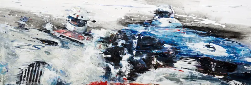 강민석 Minseok Kang, Across the Wind NO.1 (2015) — 긴 수직 캔버스 속 바람의 선과 흔들리며 나아가는 자동차, Mixed Media