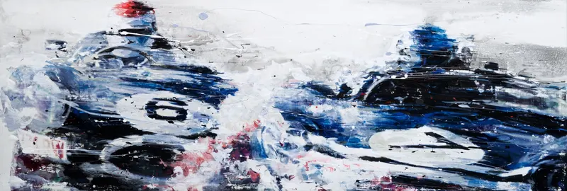 강민석 Minseok Kang, Across the Wind NO.2 (2015) — 긴 수직 캔버스 속 바람의 선과 흔들리며 나아가는 자동차, Mixed Media
