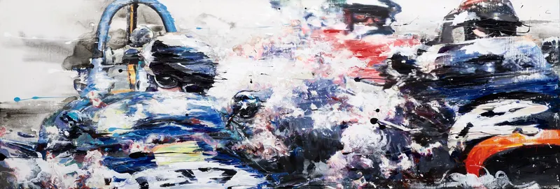 강민석 Minseok Kang, Across the Wind NO.3 (2015) — 긴 수직 캔버스 속 바람의 선과 흔들리며 나아가는 자동차, Mixed Media