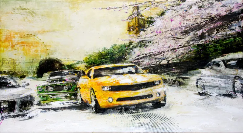 강민석 Minseok Kang, Begin NO.1 (2011) — 실크스크린과 혼합 재료로 새긴 출발선 위의 자동차, Mixed Media