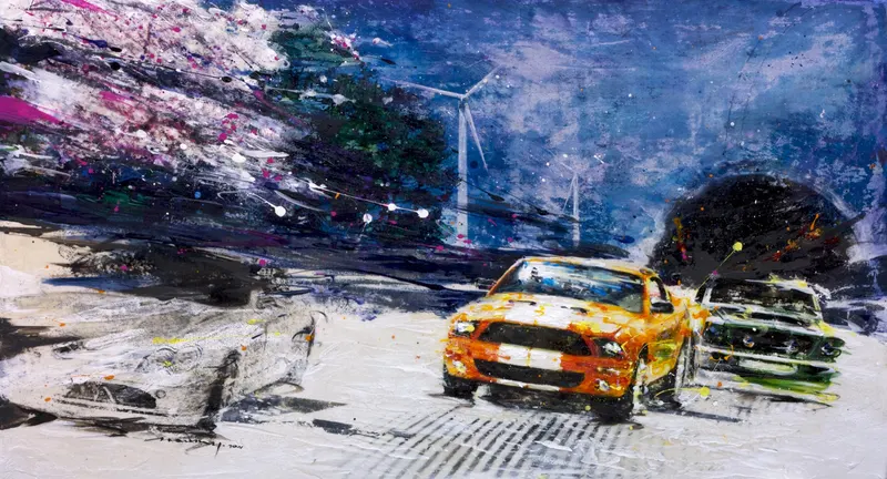 강민석 Minseok Kang, Begin NO.10 (2011) — 실크스크린과 혼합 재료로 새긴 출발선 위의 자동차, Mixed Media