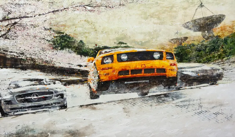 강민석 Minseok Kang, Begin NO.12 (2012) — 실크스크린과 혼합 재료로 새긴 출발선 위의 자동차, Mixed Media