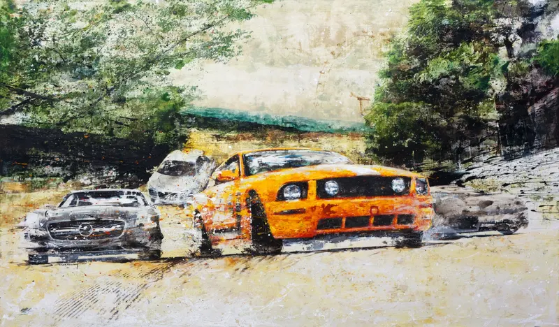 강민석 Minseok Kang, Begin NO.13 (2012) — 실크스크린과 혼합 재료로 새긴 출발선 위의 자동차, Mixed Media