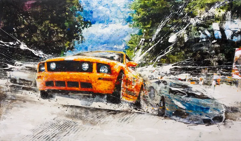 강민석 Minseok Kang, Begin NO.14 (2012) — 실크스크린과 혼합 재료로 새긴 출발선 위의 자동차, Mixed Media