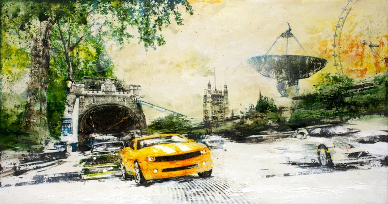 강민석 Minseok Kang, Begin NO.4 (2011) — 실크스크린과 혼합 재료로 새긴 출발선 위의 자동차, Mixed Media