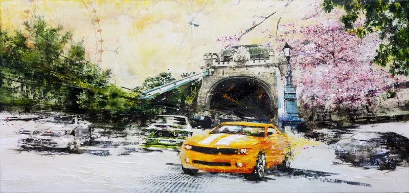 강민석 Minseok Kang, Begin NO.6 (2011) — 실크스크린과 혼합 재료로 새긴 출발선 위의 자동차, Mixed Media