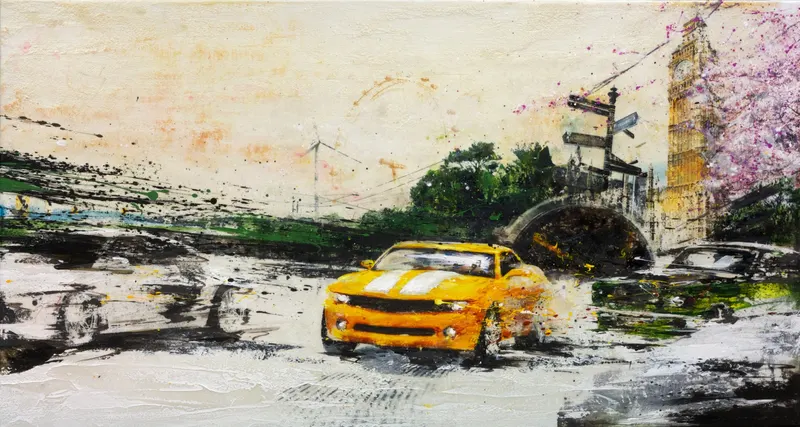 강민석 Minseok Kang, Begin NO.8 (2011) — 실크스크린과 혼합 재료로 새긴 출발선 위의 자동차, Mixed Media