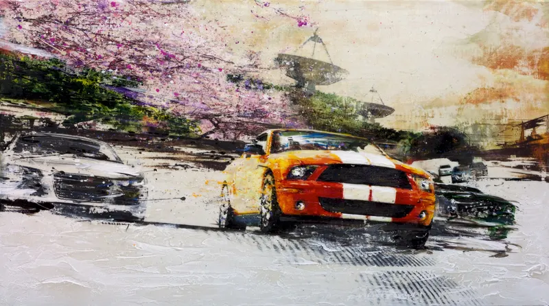강민석 Minseok Kang, Begin NO.9 (2011) — 실크스크린과 혼합 재료로 새긴 출발선 위의 자동차, Mixed Media