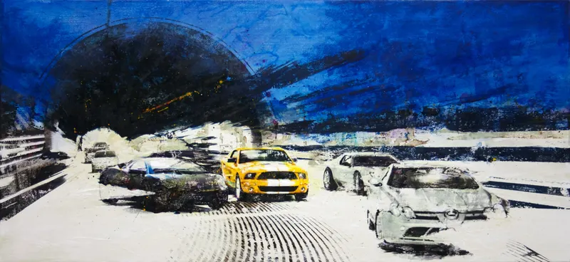 강민석 Minseok Kang, Competition 130.3×60 NO.3 (2011) — 실크스크린과 혼합 재료로 새긴 출발선 위의 자동차, Mixed Media