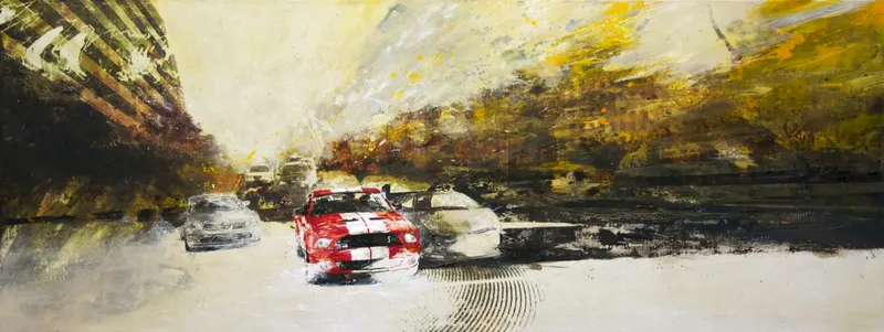 강민석 Minseok Kang, Competition 162.2×60 NO.1 (2011) — 실크스크린과 혼합 재료로 새긴 출발선 위의 자동차, Mixed Media