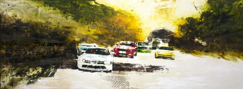 강민석 Minseok Kang, Competition 162.2×60 NO.2 (2011) — 실크스크린과 혼합 재료로 새긴 출발선 위의 자동차, Mixed Media