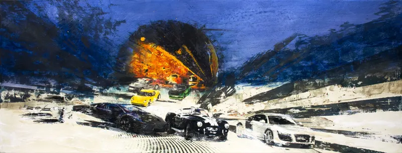 강민석 Minseok Kang, Competition 162×62.3 (2011) — 실크스크린과 혼합 재료로 새긴 출발선 위의 자동차, Mixed Media