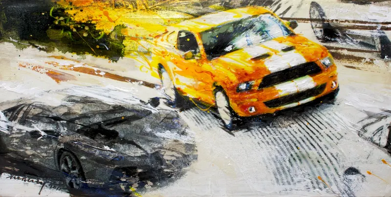 강민석 Minseok Kang, Outstrip NO.1 (2011) — 실크스크린과 혼합 재료로 새긴 출발선 위의 자동차, Mixed Media