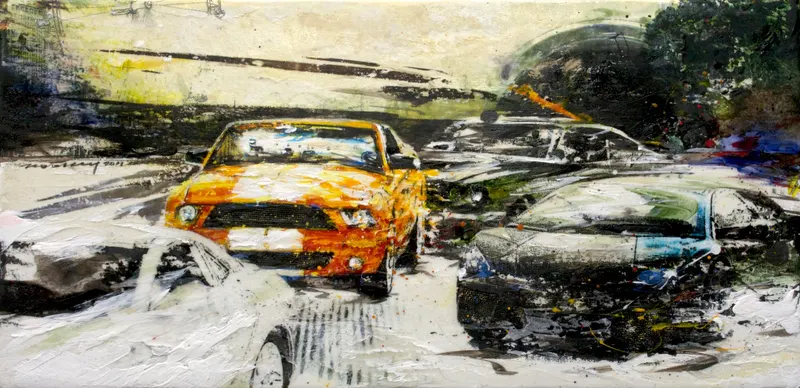 강민석 Minseok Kang, Outstrip NO.3 (2011) — 실크스크린과 혼합 재료로 새긴 출발선 위의 자동차, Mixed Media
