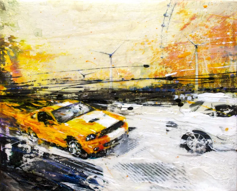 강민석 Minseok Kang, Outstrip NO.4 (2011) — 실크스크린과 혼합 재료로 새긴 출발선 위의 자동차, Mixed Media