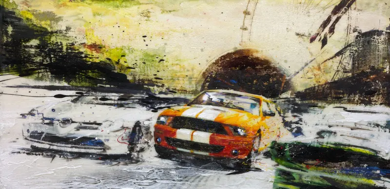강민석 Minseok Kang, Outstrip NO.5 (2011) — 실크스크린과 혼합 재료로 새긴 출발선 위의 자동차, Mixed Media