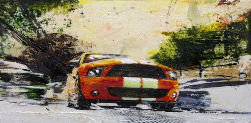 강민석 Minseok Kang, Outstrip NO.6 (2011) — 실크스크린과 혼합 재료로 새긴 출발선 위의 자동차, Mixed Media