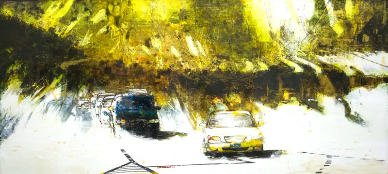 강민석 Minseok Kang, Bide One's Time (2010) — 도시 속 군중과 시선이 압축된 혼합 재료 화면, Mixed Media