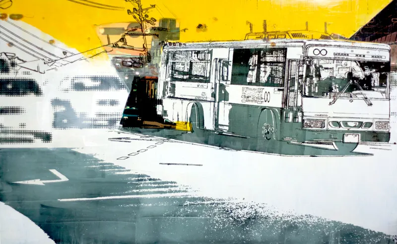 강민석 Minseok Kang, Choice (2009) — 도시 속 군중과 시선이 압축된 혼합 재료 화면, Mixed Media