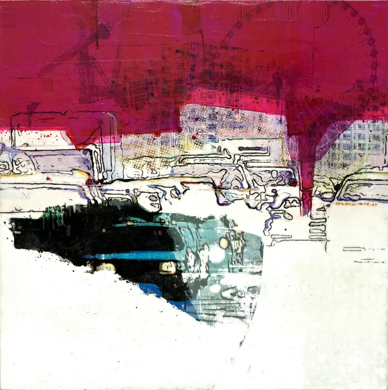 강민석 Minseok Kang, Competition (2009) — 도시 속 군중과 시선이 압축된 혼합 재료 화면, Mixed Media