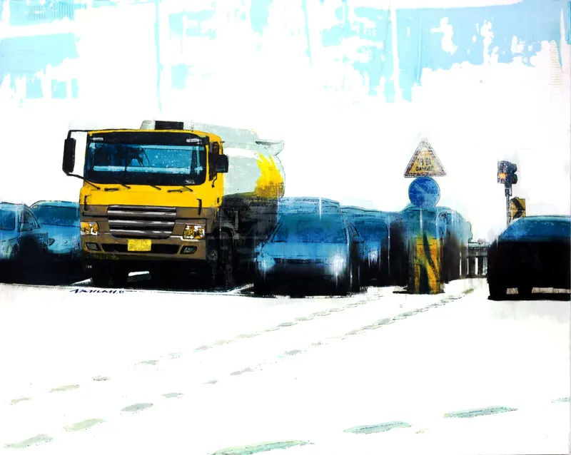 강민석 Minseok Kang, Halt (2009) — 도시 속 군중과 시선이 압축된 혼합 재료 화면, Mixed Media