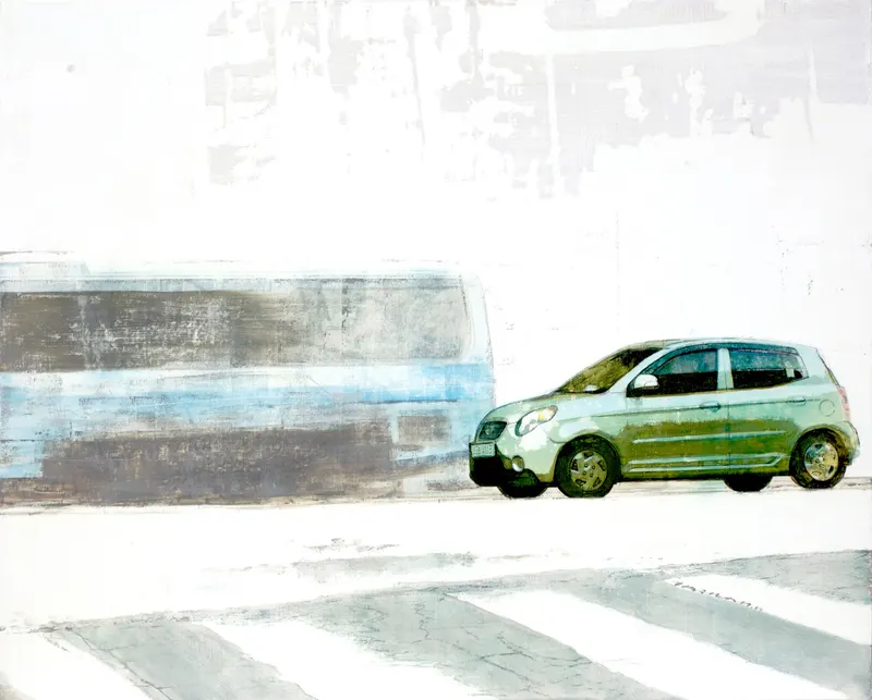 강민석 Minseok Kang, Hesitate (2009) — 도시 속 군중과 시선이 압축된 혼합 재료 화면, Mixed Media