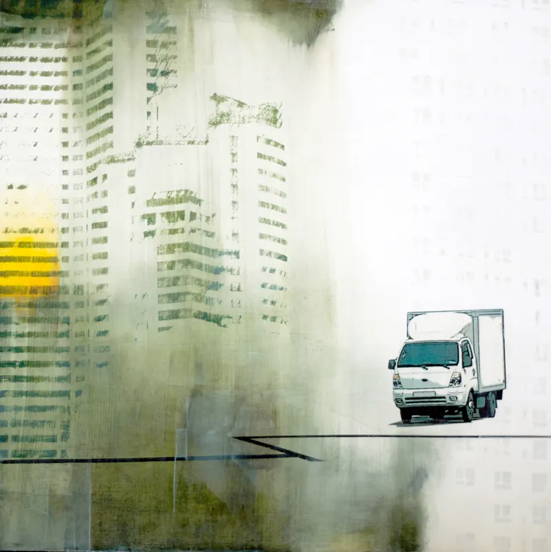 강민석 Minseok Kang, In part 2 (2009) — 도시 속 군중과 시선이 압축된 혼합 재료 화면, Mixed Media