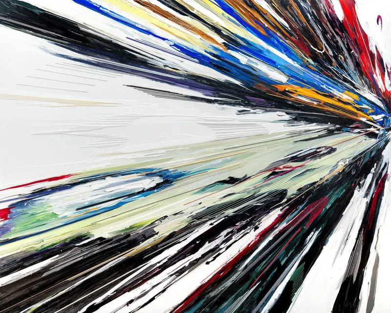 강민석 Minseok Kang, Butterfly II (2021) — 폭발적인 색과 선 속에 왜곡·해체된 자동차, Mixed Media Acrylic Thread