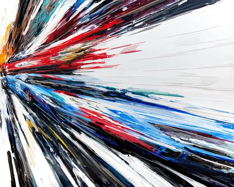 강민석 Minseok Kang, Butterfly III (2021) — 폭발적인 색과 선 속에 왜곡·해체된 자동차, Mixed Media Acrylic Thread