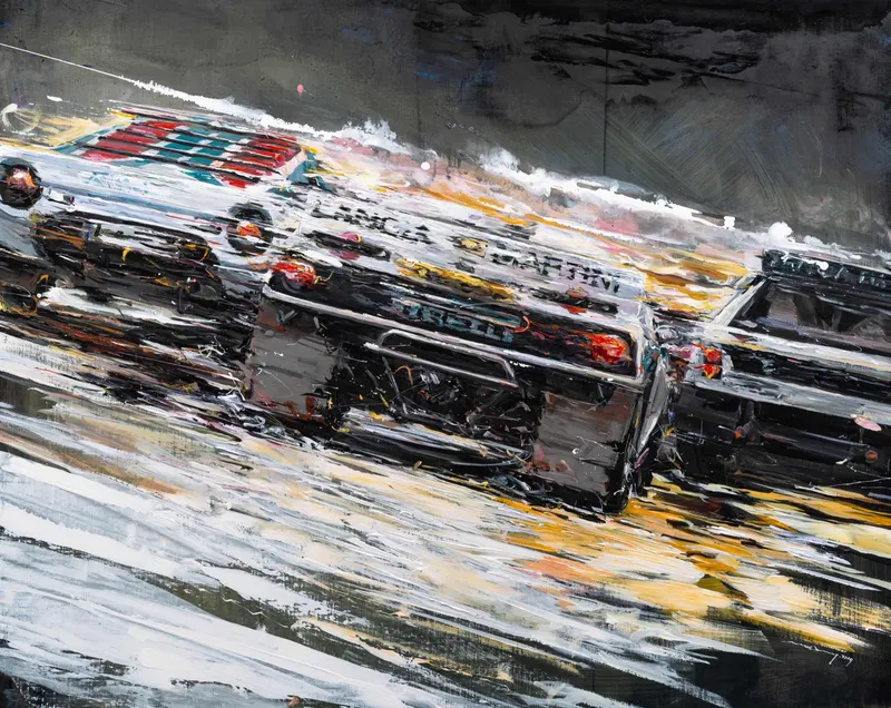 강민석 Minseok Kang, Competition VI (2019) — 폭발적인 색과 선 속에 왜곡·해체된 자동차, Acrylic on Canvas