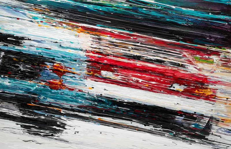 강민석 Minseok Kang, Endless Force I (2017) — 폭발적인 색과 선 속에 왜곡·해체된 자동차, Acrylic on Canvas