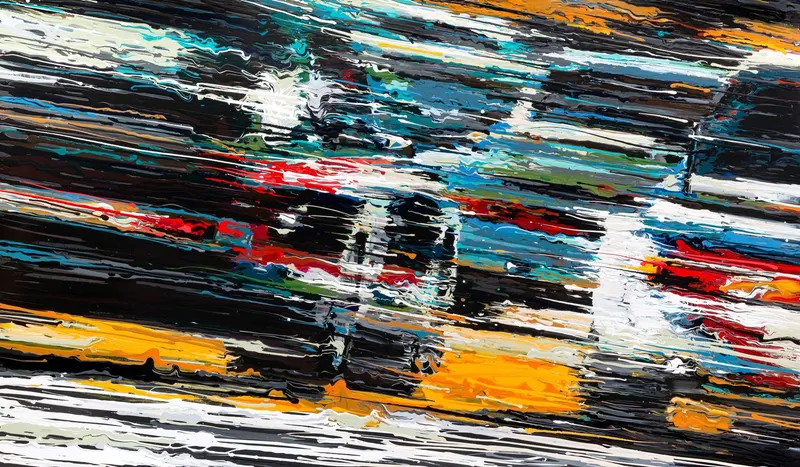 강민석 Minseok Kang, Endless Force II (2019) — 폭발적인 색과 선 속에 왜곡·해체된 자동차, Acrylic on Canvas
