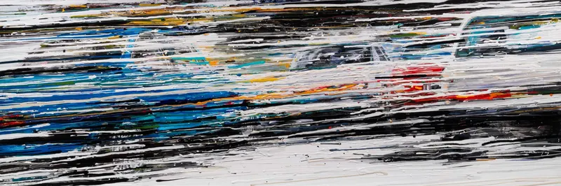 강민석 Minseok Kang, Endless Force VI (2019) — 폭발적인 색과 선 속에 왜곡·해체된 자동차, Acrylic on Canvas
