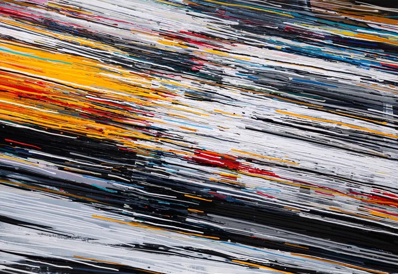 강민석 Minseok Kang, Endless Force X (2019) — 폭발적인 색과 선 속에 왜곡·해체된 자동차, Acrylic on Canvas