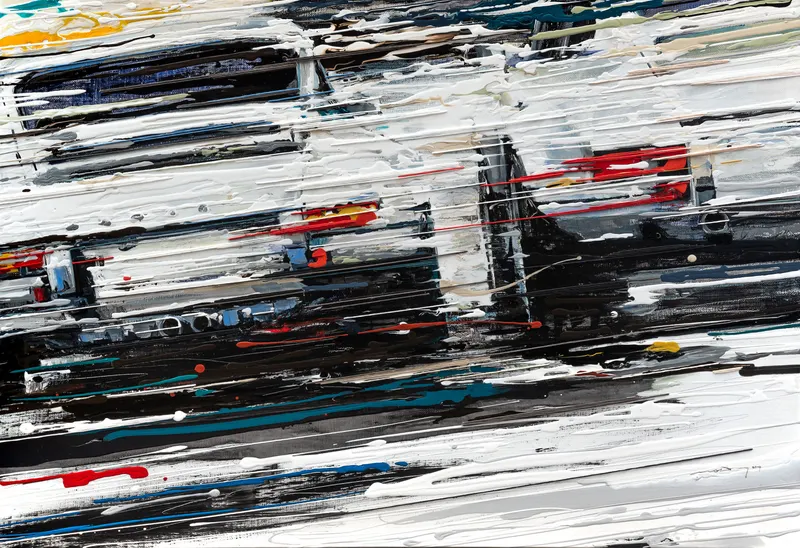 강민석 Minseok Kang, Endless Force XIV (2019) — 폭발적인 색과 선 속에 왜곡·해체된 자동차, Mixed Media Acrylic Thread