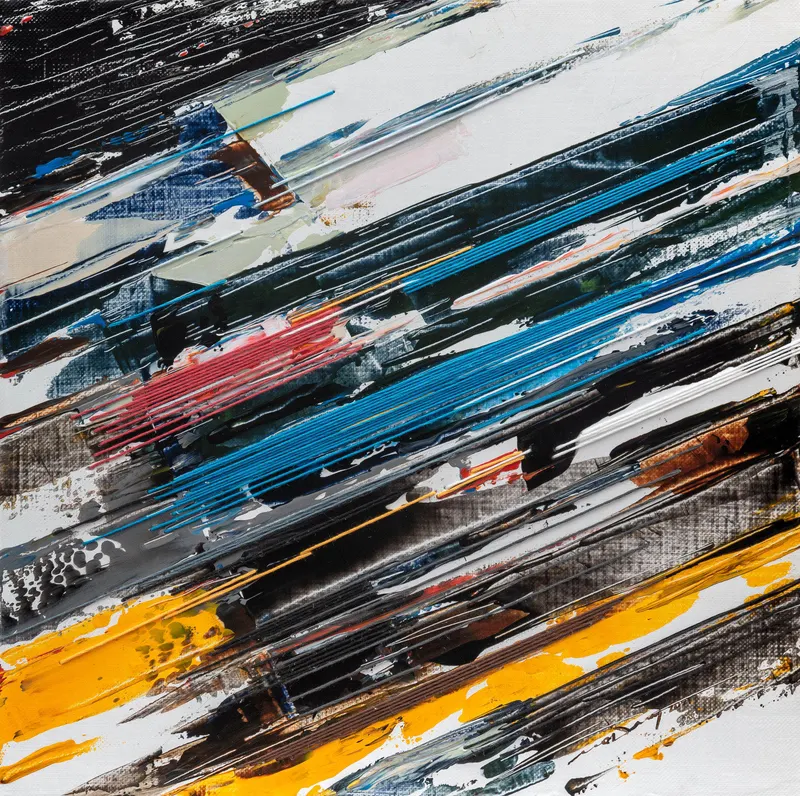 강민석 Minseok Kang, Endless Force XIX (2021) — 폭발적인 색과 선 속에 왜곡·해체된 자동차, Mixed Media Acrylic Thread