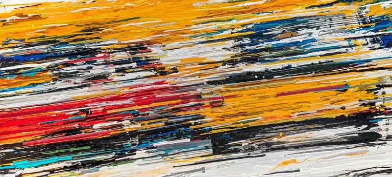 강민석 Minseok Kang, Endless Force XVII (2020) — 폭발적인 색과 선 속에 왜곡·해체된 자동차, Mixed Media Acrylic Thread
