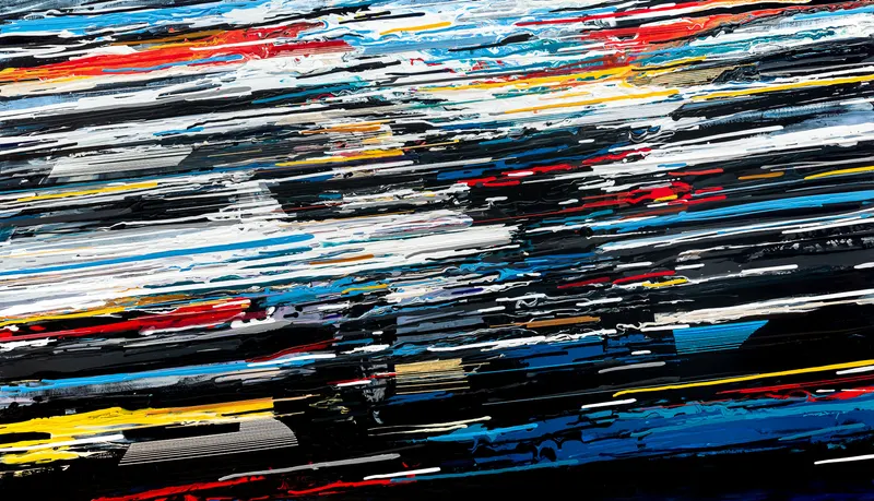 강민석 Minseok Kang, Endless Force XVIII (2020) — 폭발적인 색과 선 속에 왜곡·해체된 자동차, Mixed Media Acrylic Thread