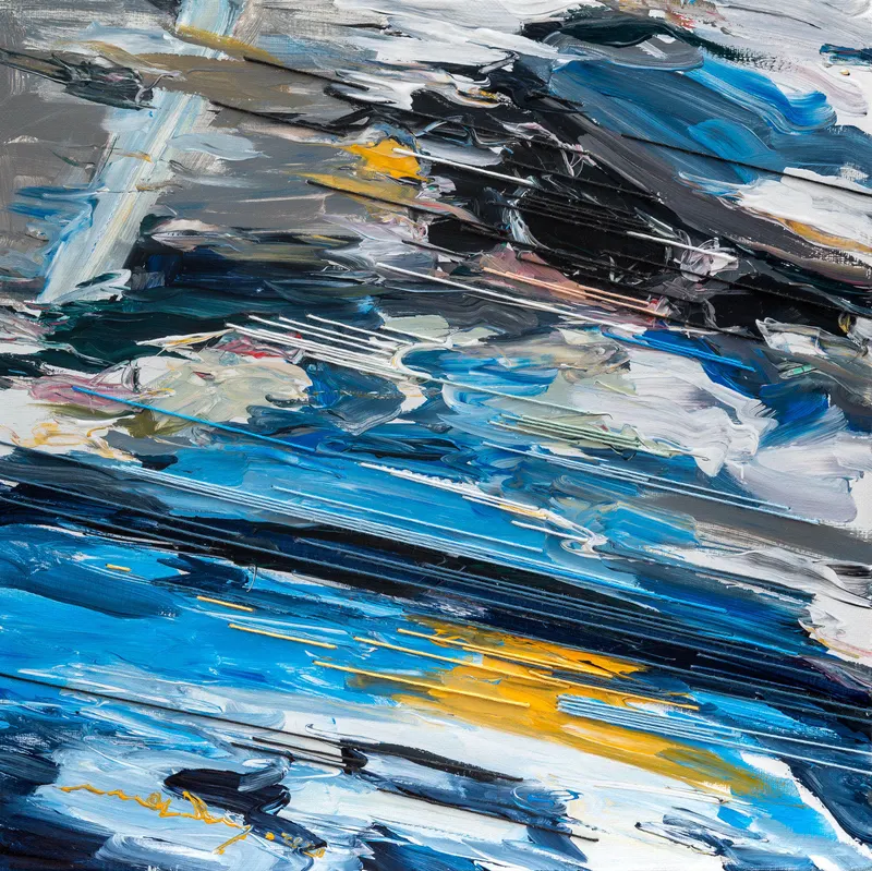 강민석 Minseok Kang, Endless Force XX (2021) — 폭발적인 색과 선 속에 왜곡·해체된 자동차, Mixed Media Acrylic Thread