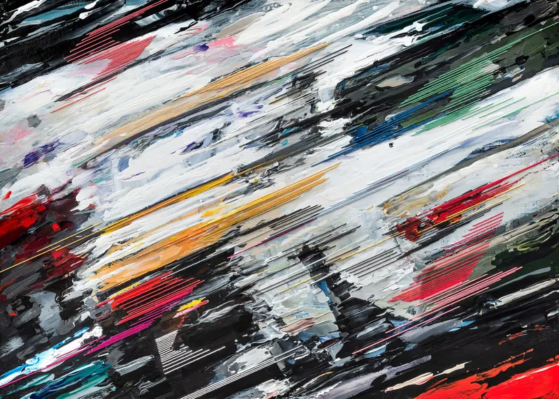 강민석 Minseok Kang, Endless Force XXII (2021) — 폭발적인 색과 선 속에 왜곡·해체된 자동차, Mixed Media Acrylic Thread