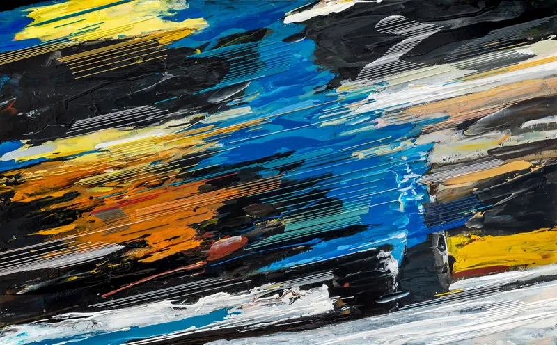 강민석 Minseok Kang, Endless Force XXIII (2021) — 폭발적인 색과 선 속에 왜곡·해체된 자동차, Mixed Media Acrylic Thread