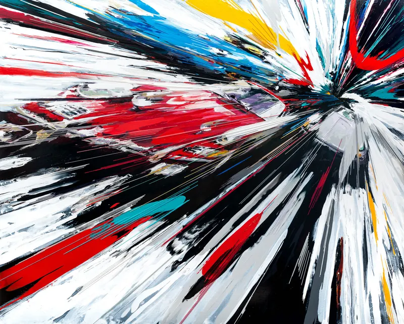강민석 Minseok Kang, Endless Force XXIV (2021) — 폭발적인 색과 선 속에 왜곡·해체된 자동차, Mixed Media Acrylic Thread