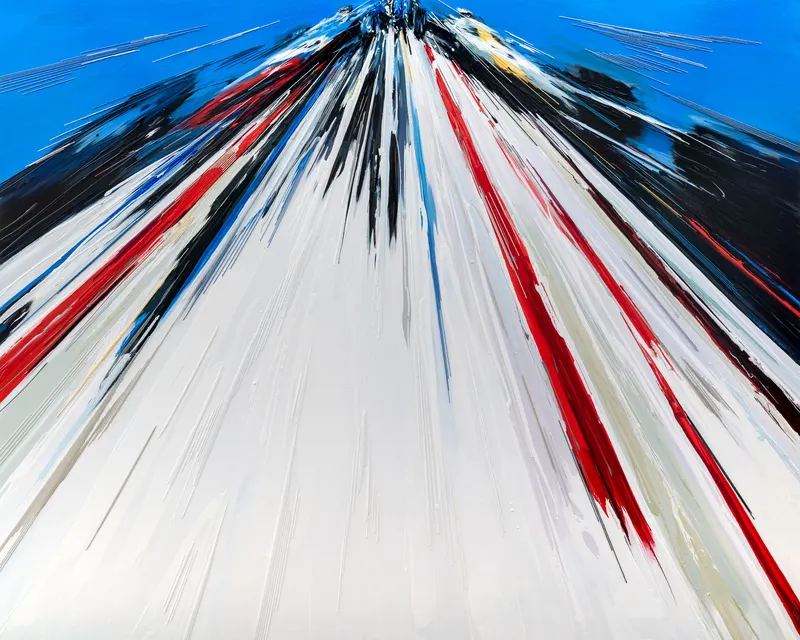 강민석 Minseok Kang, Endless Force XXV (2021) — 폭발적인 색과 선 속에 왜곡·해체된 자동차, Mixed Media Acrylic Thread