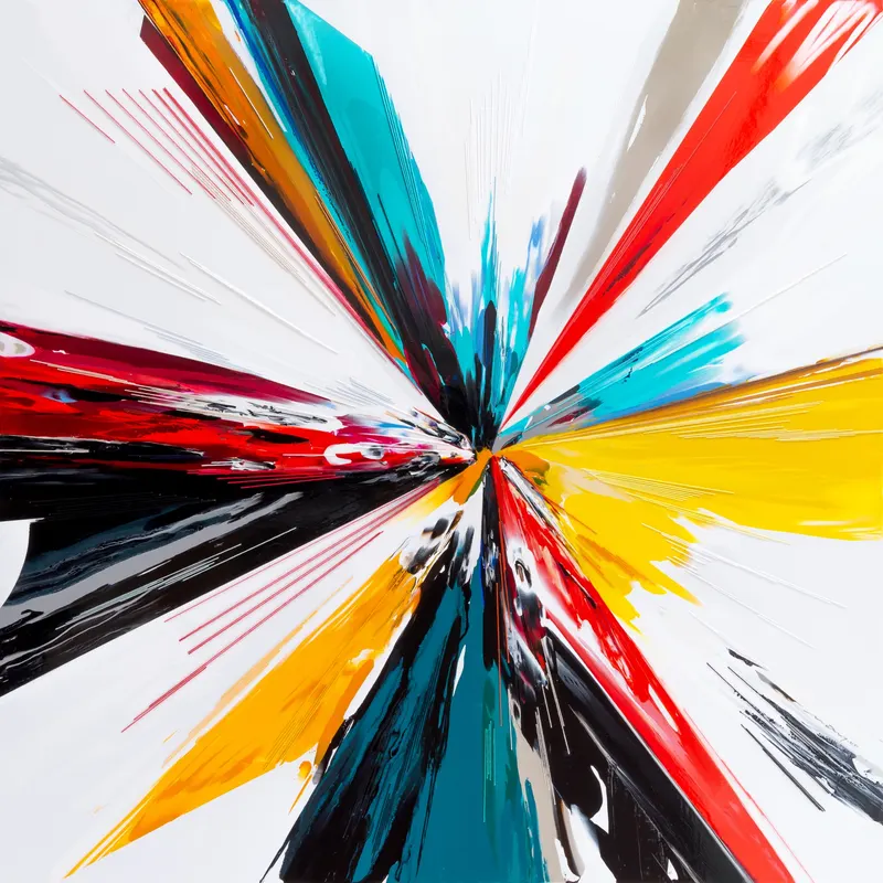 강민석 Minseok Kang, Endless Force XXVIII (2022) — 폭발적인 색과 선 속에 왜곡·해체된 자동차, Mixed Media Acrylic Thread