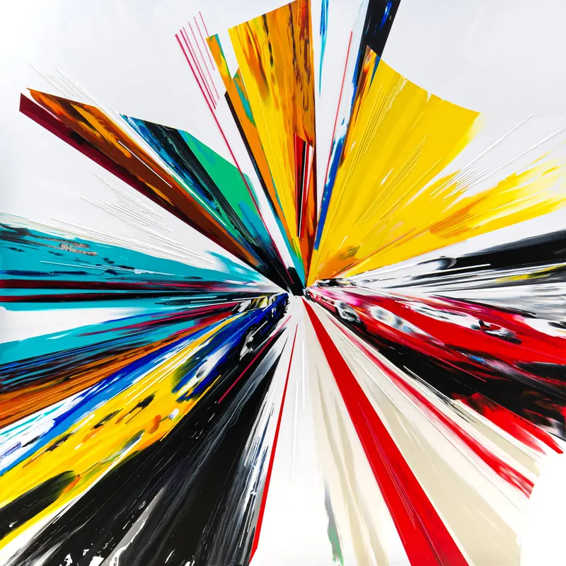 강민석 Minseok Kang, Endless Force XXX (2022) — 폭발적인 색과 선 속에 왜곡·해체된 자동차, Mixed Media Acrylic Thread