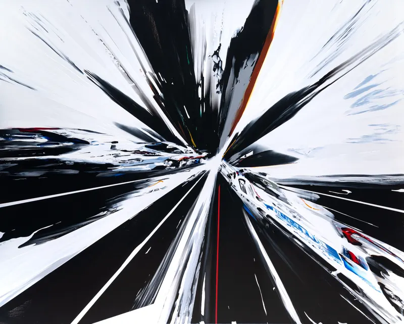 강민석 Minseok Kang, Endless Force XXXI (2022) — 폭발적인 색과 선 속에 왜곡·해체된 자동차, Acrylic on Canvas