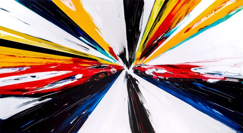 강민석 Minseok Kang, Endless Force XXXII (2023) — 폭발적인 색과 선 속에 왜곡·해체된 자동차, Acrylic on Canvas