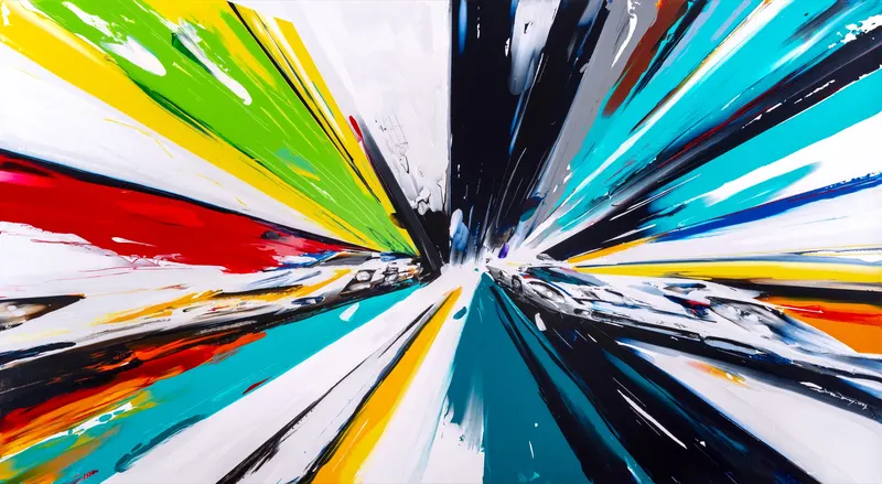 강민석 Minseok Kang, Endless Force XXXIII (2023) — 폭발적인 색과 선 속에 왜곡·해체된 자동차, Acrylic on Canvas
